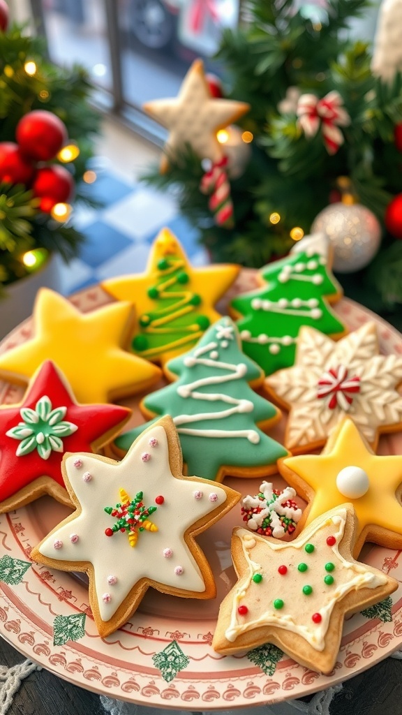 Christmas Cookie Baking Molds Guide A variety of decorated Christmas cookies in festive shapes on a plate.